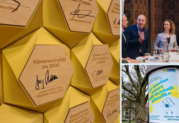 Das Bild zeigt links eine Erklärung des LWL zur Klimaneutralität 2030, rechts oben Herr Dr. Lunemann in einer Gesprächsrunde, rechts unten ein Plakat.