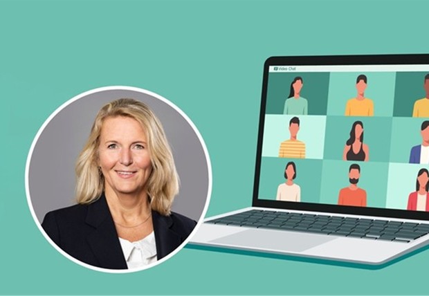 Das Bild zeigt ein Porträt von Birgit Neyer, Erste Landesrätin und Kämmerin des LWL, und einen aufgeklappten Laptop.