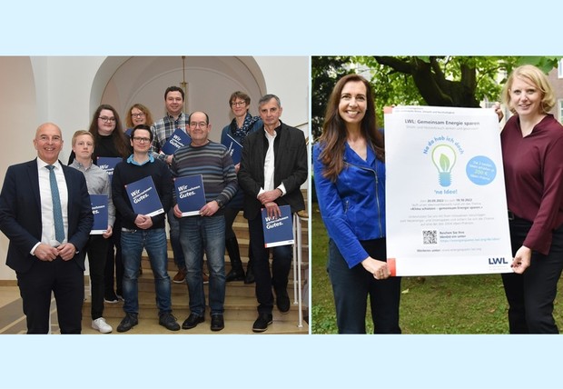 Das Bild zeigt eine Collage, links ist Herr Dr. Lunemann mit den Gewinnerinnen und Gewinnern des Wettbewerbs, rechts halten zwei Frauen ein Plakat.